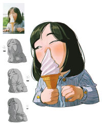 Rule 34 | 1girl, black eyes, buttons, child, collared shirt, commentary, cropped torso, derivative work, english commentary, eyelashes, food, half-closed eyes, highres, holding, holding food, holding ice cream, holding ice cream cone, how to, ice cream, ice cream cone, light blush, long sleeves, nose, original, ramon nunez, reference inset, screenshot redraw, shirt, simple background, solo, striped clothes, striped shirt, thick eyebrows, vertical-striped sleeves, white background, white shirt, white sleeves