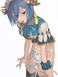 Rule 34 | 1girl, apron, blue bow, blue eyes, blue hair, blue ribbon, borrowed character, bottomless, bow, character request, copyright request, cropped head, cropped legs, frilled wristband, grey thighhighs, hair over one eye, highres, looking at viewer, maid apron, maid headdress, multicolored clothes, navel, open mouth, panties, panty pull, ribbon, shirt, soosaresu, striped clothes, striped shirt, sweatdrop, thighhighs, underwear, white background, white panties