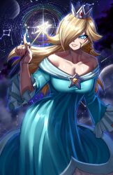 Rule 34 | 1girl, absurdres, aqua dress, bare shoulders, blonde hair, blue eyes, breasts, brooch, cleavage, collarbone, commentary, crown, dress, grin, hair over one eye, highres, holding, holding wand, jewelry, large breasts, long hair, looking at viewer, mario (series), nintendo, off-shoulder dress, off shoulder, pink lips, rageman709, revision, rosalina, smile, solo, star (symbol), star wand, super mario galaxy, very long hair, wand