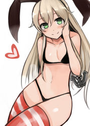 Rule 34 | 10s, 1girl, anchor, anchor hair ornament, bare shoulders, bikini, black bikini, blonde hair, collarbone, green eyes, hair ornament, hairband, heart, kantai collection, long hair, navel, nerotarou, shimakaze (kancolle), smile, solo, striped clothes, striped thighhighs, swimsuit, thighhighs, white background