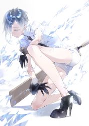 Rule 34 | androgynous, antarcticite, black gloves, gender request, gloves, high heels, highres, houseki no kuni, on one knee, shirt, short hair, shorts, solo, tonito (tonitoni), uniform, white hair, white shirt, white shorts