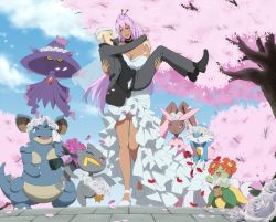Rule 34 | 1boy, 1girl, animal nose, banette, bare shoulders, bellossom, belt, black footwear, blue sky, breasts, carrying, cherry blossoms, choker, cloud, colored sclera, creatures (company), danzilla, dark skin, day, closed eyes, flower, formal, game freak, gardevoir, gen 1 pokemon, gen 2 pokemon, gen 3 pokemon, gen 4 pokemon, head wreath, height difference, large breasts, long hair, lopunny, mismagius, nidoqueen, nintendo, one eye closed, open mouth, outdoors, petals, pink hair, pink sclera, pokemon, pokemon (creature), princess carry, purple hair, red eyes, shoes, size difference, sky, tears, tree, veil, walking, white flower, white footwear, white hair, yellow eyes