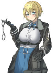 Rule 34 | 1girl, aogare, belt buckle, black coat, black gloves, blonde hair, blue eyes, blue neckwear, blue ribbon, buckle, coat, cuffs, fur-trimmed coat, fur trim, girls&#039; frontline, gloves, handcuff dangle, handcuffs, harness, highres, load bearing vest, open clothes, open coat, pencil skirt, pouch, ribbon, shirt, shirt tucked in, short hair, simple background, skirt, vsk-94 (girls&#039; frontline), white background, white shirt