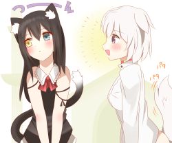 Rule 34 | 2girls, animal ear fluff, animal ears, bare shoulders, black hair, black shirt, blue eyes, blush, cat ears, cat girl, cat tail, collared shirt, commentary request, dog ears, dog girl, dog tail, hair between eyes, heterochromia, highres, long hair, multiple girls, non (wednesday-classic), original, personification, profile, purple eyes, shirt, sleeveless, sleeveless shirt, tail, tail raised, white hair, white shirt, yellow eyes