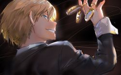 Rule 34 | 1boy, akiyama youkou, black background, black jacket, blonde hair, blue eyes, boku no hero academia, commentary request, eyebrows, formal, from behind, grin, jacket, long sleeves, looking at viewer, looking back, male focus, monoma neito, profile, short hair, smile, solo, suit, teeth, upper body, watch
