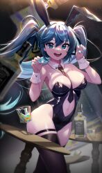 Rule 34 | 1girl, :d, absurdres, alcohol, alternate breast size, animal ears, bare shoulders, between breasts, black leotard, black thighhighs, blue eyes, blue hair, blue nails, breasts, claw (weapon), cleavage, clothing cutout, commentary, cowboy shot, cup, detached collar, drink, drinking glass, english commentary, fake animal ears, fingernails, hatsune miku, highres, large breasts, leotard, long fingernails, long hair, looking at viewer, nail, navel, navel cutout, necktie, necktie between breasts, open mouth, rabbit ears, red necktie, smile, solo, strapless, strapless leotard, teeth, thighhighs, twintails, u jin, upper teeth only, very long hair, vocaloid, weapon, wrist cuffs