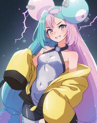 Rule 34 | 1girl, bike shorts, bow-shaped hair, breasts, character hair ornament, collarbone, commentary request, covered navel, cowboy shot, creatures (company), electricity, eyelashes, game freak, green hair, grey shirt, grin, hair ornament, highres, iono (pokemon), jacket, kamidan, long hair, long sleeves, multicolored hair, nintendo, off shoulder, pantyhose, pink hair, pokemon, pokemon sv, purple eyes, shirt, sleeveless, sleeveless shirt, sleeves past fingers, sleeves past wrists, small breasts, smile, solo, teeth, two-tone hair, yellow jacket