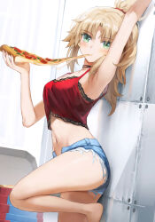 1girl :t arm_up armpits bare_shoulders barefoot blonde_hair blue_shorts blush breasts camisole cutoffs denim denim_shorts eating fate/apocrypha fate_(series) food green_eyes hand_up highres holding holding_food holding_pizza long_hair looking_at_viewer midriff mordred_(fate) navel pizza pizza_slice presenting_armpit red_camisole revision short_shorts shorts sidelocks small_breasts solo thighs tonee