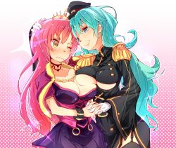 Rule 34 | 2girls, aqua hair, blue eyes, blush, breast press, breasts, cleavage, clothing cutout, crown, dress, epaulettes, covered erect nipples, holding hands, hat, hato haru, highres, imagawa yoshimoto (sengoku collection), large breasts, long hair, multiple girls, oda nobunaga (sengoku collection), one eye closed, pink hair, sengoku collection, smile, tears, underboob cutout, very long hair, wavy mouth, wince, yellow eyes, yuri