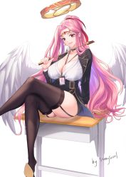 Rule 34 | 1girl, archangel gabriel (guardian tales), artist name, black legwear, breasts, cleavage, crop top, formal, guardian tales, halo, highres, holding, large breasts, long hair, looking at viewer, nail polish, office lady, official alternate costume, on table, pink hair, ponytail, red eyes, riding, skirt, skirt suit, smirk, straysnail, suit, table, uniform, white background, white wings, wings