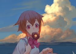 Rule 34 | 1girl, bag, blue sky, bow, bowtie, box, brown hair, cloud, cloudy sky, collared shirt, day, doughnut, food, food in mouth, hair between eyes, hands up, holding, holding box, izumi sai, looking at viewer, mouth hold, ocean, original, outdoors, pastry box, pink bow, pink bowtie, red eyes, school bag, school uniform, shirt, short hair, short sleeves, shoulder bag, sidelocks, sky, solo, upper body, white shirt