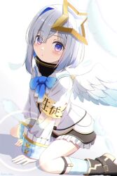 Rule 34 | 1girl, ama (ama ekaku), amane kanata, amane kanata (1st costume), angel wings, armband, asymmetrical bangs, asymmetrical hair, black footwear, black skirt, blue bow, blue bowtie, blue hair, blue socks, blue wings, blush, bob cut, boots, bow, bowtie, colored inner hair, commentary, english commentary, expressionless, falling feathers, feathered wings, feathers, foot out of frame, frilled skirt, frills, gingham socks, gradient wings, grey hair, grey jacket, hair over one eye, halo, highres, hololive, jacket, kneehighs, kneeling, legwear garter, long sleeves, looking at viewer, mini wings, miniskirt, mixed-language commentary, multicolored hair, multicolored wings, on floor, parted lips, pink hair, purple eyes, sailor collar, shirt, short hair, simple background, single hair intake, skirt, sleeve cuffs, sleeves past wrists, socks, solo, star halo, streaked hair, turtleneck, virtual youtuber, white background, white shirt, white wings, wide sleeves, wings