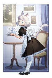 Rule 34 | 1girl, animal ears, apron, black dress, black footwear, blue eyes, blunt bangs, border, bow, cat ears, cat girl, cat tail, chair, cup, curtains, dress, framed image, frilled dress, frills, full body, hanamoto, highres, leaning forward, looking at viewer, maid, maid apron, mary janes, original, outside border, over shoulder, pantyhose, puffy short sleeves, puffy sleeves, shoes, short hair, short sleeves, solo, standing, table, tail, tea set, teapot, waist bow, white bow, white hair, white pantyhose