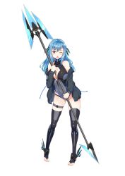 Rule 34 | 1girl, :o, between breasts, black jacket, black thighhighs, blue eyes, blue hair, blush, breasts, cleavage cutout, clothing cutout, covered navel, full body, highres, holding, holding polearm, holding weapon, jacket, ldfe mk2, leotard, medium breasts, original, polearm, simple background, solo, standing, thigh strap, thighhighs, toes, transparent background, trident, weapon, white background