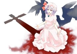 Rule 34 | 1girl, bad id, bad pixiv id, cross, female focus, hat, kanden, kneeling, purple hair, red eyes, remilia scarlet, short hair, solo, touhou, white background, wings