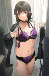 Rule 34 | 1girl, black choker, black hair, black jacket, blush, bra, breasts, choker, cleavage, closed mouth, collared shirt, commentary request, ear piercing, highres, indoors, jacket, large breasts, long hair, long sleeves, looking at viewer, nail polish, navel piercing, no pants, open clothes, open shirt, original, panties, piercing, purple bra, purple eyes, purple nails, purple panties, shirt, solo, standing, stomach, thighs, tipii, underwear, undressing, white shirt
