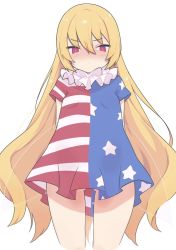 Rule 34 | 1girl, american flag dress, blonde hair, blush, breasts, burumanoeat, closed mouth, clownpiece, commentary request, dress, eyes visible through hair, hair between eyes, highres, long hair, looking down, neck ruff, pink eyes, short sleeves, simple background, small breasts, solo, standing, star (symbol), star print, striped clothes, striped dress, touhou, v-shaped eyebrows, white background
