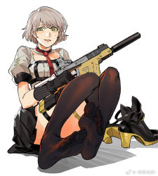 Rule 34 | 1girl, black skirt, chinese commentary, commentary request, feet, foot focus, foreshortening, full body, girls&#039; frontline, gloves, green eyes, gun, high heels, holding, holding gun, holding weapon, juliet sleeves, kriss usa, kriss vector, light brown hair, long sleeves, looking at viewer, magpul, necktie, nervous smile, no shoes, open mouth, pleated skirt, puffy sleeves, red necktie, ruukii drift, shoes, unworn shoes, short hair, short sleeves, silencerco, simple background, sitting, skirt, smile, solo, submachine gun, suppressor, sweatdrop, thighhighs, transformational defense industries, trigger discipline, vector (girls&#039; frontline), weapon, weibo watermark, white background