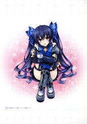 Rule 34 | 1girl, absurdres, arm warmers, bare shoulders, binary, black hair, blue thighhighs, boots, chou megami shinkou noire gekishin black heart, crossed legs, full body, gradient background, highres, hugging own legs, long hair, looking at viewer, neptune (series), noire (neptunia), open mouth, red eyes, scan, simple background, sitting, sleeveless, smile, solo, star (symbol), thighhighs, tsunako, twintails