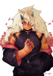 Rule 34 | 1girl, absurdres, artist name, brass knuckles, cherry blossoms, colored skin, eyelashes, frown, gem, hair over one eye, highres, horns, jacket, jasper (steven universe), long hair, looking at viewer, multicolored skin, off shoulder, old-night, orange eyes, orange skin, serious, simple background, solo, steven universe, two-tone skin, unzipped, upper body, very long hair, weapon, white background