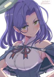 Rule 34 | 1girl, bad id, bad twitter id, brown eyes, capelet, dated, hair between eyes, halo, hands on own hips, head tilt, kantai collection, looking at viewer, mechanical halo, minamida uchuu, purple hair, ribbon, shirt, short hair, simple background, sleeveless, sleeveless shirt, solo, tatsuta (kancolle), tatsuta kai ni (kancolle), twitter username, upper body, white background