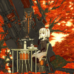 Rule 34 | 1girl, absurdres, asgr, autumn, bad id, bad pixiv id, book, cup, highres, original, red eyes, robot, skirt, solo, tea, teacup, tree