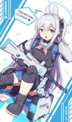 Rule 34 | 1girl, animal hairband, blue archive, body armor, boots, commentary request, english text, gloves, grey hair, gun, hair between eyes, hair ornament, halo, headband, highres, knee pads, miyako (blue archive), open mouth, purple eyes, school uniform, sha (siasha0104), simple background, solo, submachine gun, tactical clothes, weapon