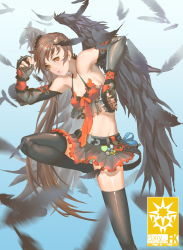 Rule 34 | 1girl, absurdres, black nails, black thighhighs, black wings, brass knuckles, breasts, brown hair, eddy huang zheng, elbow gloves, feathered wings, feathers, fingerless gloves, frills, gloves, highres, leg lift, lips, long hair, midriff, nail polish, orange eyes, panties, pantyshot, pixiv fantasia, pixiv fantasia fallen kings, puckered lips, short hair, side ponytail, skirt, small breasts, solo, striped clothes, striped panties, thighhighs, underwear, very long hair, weapon, wings