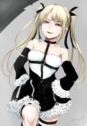 Rule 34 | 10s, 1girl, 2013, bad id, bad pixiv id, bare shoulders, blonde hair, blue eyes, breasts, choker, dated, dead or alive, dead or alive 5, dress, dutch angle, frilled sleeves, frills, gothic lolita, highres, lolita fashion, marie rose, petticoat, roro (qualitynine), signature, small breasts, smile, solo, thigh strap, twintails