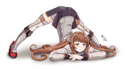 Rule 34 | 1girl, ass, black skirt, blunt bangs, brown hair, commentary request, corset, dated, green eyes, helena (kancolle), jack-o&#039; challenge, kantai collection, long hair, looking at viewer, military, military uniform, simple background, skirt, solo, striped clothes, striped thighhighs, thighhighs, tk8d32, twitter username, uniform, white background