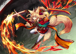 Rule 34 | &gt;:), 1girl, animal ears, bare shoulders, blonde hair, blue eyes, boots, brown footwear, closed mouth, dual wielding, fire, fox ears, fox tail, gauntlets, hair between eyes, highres, holding, holding sword, holding weapon, kokonoe tsubaki, long hair, looking at viewer, multiple tails, original, pleated skirt, red skirt, skirt, smile, solo, sword, tail, thighhighs, v-shaped eyebrows, weapon, white thighhighs, yoshizawa tsubaki