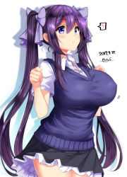 Rule 34 | 1girl, ?, black skirt, blush, bow, breasts, collared shirt, colored shadow, dated, dress shirt, drop shadow, hair between eyes, hair bow, hands up, highres, impossible clothes, large breasts, long hair, mokufuu, original, pleated skirt, purple bow, purple eyes, purple hair, school uniform, shadow, shirt, short sleeves, sidelocks, signature, skirt, solo, spoken question mark, sweater vest, twintails, twitter username, white background, white shirt