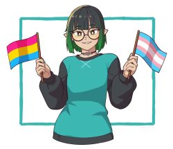 Rule 34 | 1girl, black hair, borrowed character, choker, clip studio paint (medium), commentary, commission, cropped torso, flag, freckles, glasses, green hair, green nails, highres, holding, holding flag, lgbt pride, medium hair, original, pansexual flag, pointy ears, pride month, round eyewear, simple background, smile, solo, transgender flag, two-tone sweater, upper body, vibrantrida