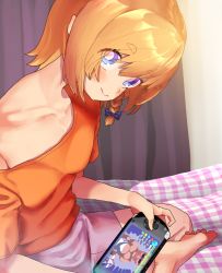 Rule 34 | 1girl, alternate costume, blonde hair, blue bow, blue eyes, blush, bow, braid, bright pupils, closed mouth, collarbone, commentary request, cookie (touhou), foot out of frame, hair between eyes, hair bow, handheld game console, hentai kuso oyaji, highres, indian style, kirisame marisa, koiso usu, looking at viewer, manatsu no yo no inmu, meguru (cookie), off shoulder, orange shirt, pink shorts, playstation portable, shirt, short hair, shorts, side braid, single braid, sitting, smile, solo, touhou, white pupils