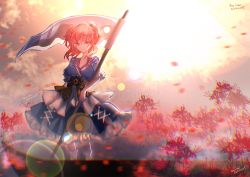 Rule 34 | 1girl, backlighting, blue dress, boat, breasts, chromatic aberration, closed mouth, collarbone, day, dress, flower, full body, hair bobbles, hair ornament, highres, holding, holding scythe, large breasts, light smile, looking at viewer, medium hair, moenoki, onozuka komachi, outdoors, overexposure, red eyes, red flower, red hair, scythe, solo, spider lily, standing, sun, touhou, two side up, watercraft