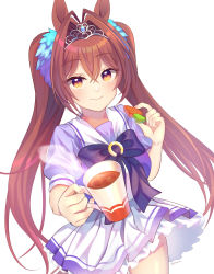 Rule 34 | 1girl, absurdres, animal ears, brown hair, carrot, closed mouth, commentary request, cowboy shot, cup, daiwa scarlet (umamusume), hair intakes, hair ornament, highres, holding, holding cup, horse ears, horseshoe ornament, kona (soyakimi), long hair, looking at viewer, multicolored eyes, petticoat, pleated skirt, puffy short sleeves, puffy sleeves, purple ribbon, purple skirt, reaching, reaching towards viewer, ribbon, sailor collar, school uniform, short sleeves, signature, simple background, skirt, smile, solo, steam, tiara, tracen school uniform, twintails, umamusume, very long hair, white background