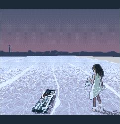 Rule 34 | 1girl, animated, animated gif, black hair, dithering, dress, female focus, instrument, keyboard (instrument), letterboxed, lighthouse, long hair, motocross saito, ocean, original, partially submerged, pixel art, solo, standing, wading, water