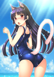 Rule 34 | 1girl, animal ears, ass, beach, blush, cat ears, cat girl, cat tail, cloud, day, female focus, from behind, gokou ruri, hime cut, in heat, long hair, looking back, mikamin, mole, mole under eye, one-piece swimsuit, open mouth, ore no imouto ga konna ni kawaii wake ga nai, outdoors, paw pose, purple hair, red eyes, school swimsuit, sky, solo, sparkle, swimsuit, tail, tongue, very long hair