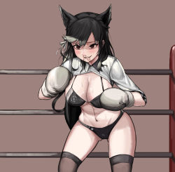 Rule 34 | 1girl, absurdres, animal ears, atago (azur lane), azur lane, bikini, black hair, blood, blush, boxing gloves, boxing ring, breasts, cameltoe, cleavage, female focus, fighting stance, greatspirite, grey hair, grin, heart, heart-shaped pupils, highres, injury, large breasts, multicolored hair, navel, nosebleed, smile, solo, sweat, swimsuit, symbol-shaped pupils, thighhighs