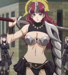 Rule 34 | 3girls, armlet, armor, bare shoulders, belt, bikini armor, black panties, breasts, claudette (queen&#039;s blade), cleavage, closed mouth, earrings, eyebrows, female focus, forehead protector, glaring, green eyes, highres, jewelry, large breasts, lips, long hair, looking at viewer, metal bra, midriff, multiple girls, navel, necklace, outdoors, panties, queen&#039;s blade, red hair, screencap, shoulder armor, solo focus, standing, stitched, sword, third-party edit, underwear, weapon