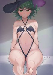 Rule 34 | 1girl, a-o a, absurdres, bat wings, bikini, black bikini, black hat, curvy, facing viewer, foot up, green eyes, green hair, hat, highres, looking at viewer, micro bikini, navel, one-punch man, short hair, sitting, solo, swimsuit, tatsumaki, thick thighs, thighs, wide hips, wings, witch hat