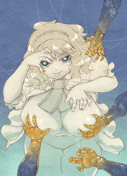 Rule 34 | 1girl, alice margatroid, belly, blue background, blue eyes, bottomless, grabbing another&#039;s breast, breasts, capelet, covered erect nipples, cowboy shot, curvy, expressionless, female focus, grabbing, groping, hairband, hand up, head tilt, highres, huge breasts, large breasts, looking at viewer, monochrome, navel, plump, puppet rings, puppet strings, ring, short hair, solo, spot color, thighs, touhou, tsuutenkaaku