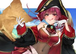 Rule 34 | 1girl, ascot, belt, black jacket, bossan 3310, breasts, brown belt, brown eyes, cleavage, cloud, covered navel, eyebrows hidden by hair, hat, heterochromia, highres, holding, holding map, hololive, houshou marine, jacket, licking lips, map, medium breasts, ocean, off shoulder, pirate hat, red ascot, red eyes, red hair, red skirt, see-through, see-through cleavage, skirt, sky, smile, solo, tongue, tongue out, twintails, virtual youtuber