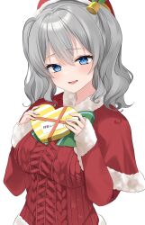 Rule 34 | 1girl, alternate costume, blue eyes, bow, bowtie, box, breasts, capelet, fur-trimmed capelet, fur trim, green bow, green bowtie, grey hair, heart-shaped box, highres, kantai collection, kashima (kancolle), large breasts, red capelet, red sweater, sidelocks, simple background, solo, sweater, twintails, upper body, wavy hair, white background, yoshino (mfmfpng)