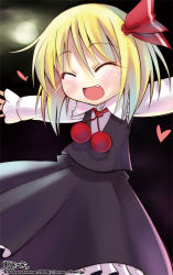 Rule 34 | 1girl, bad id, bad pixiv id, blonde hair, blush, child, embodiment of scarlet devil, closed eyes, fang, female focus, full moon, hair ribbon, heart, kitahara tomoe (kitahara koubou), moon, necktie, open mouth, outstretched arms, ribbon, rumia, short hair, solo, spread arms, touhou