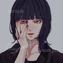 Rule 34 | 1girl, black jacket, blunt bangs, brown eyes, commission, crying, crying with eyes open, grey background, hand up, hands on own face, highres, jacket, kagoya1219, looking at viewer, medium hair, nail polish, original, portrait, purple hair, purple nails, sample watermark, sanpaku, simple background, solo, straight-on, tears, watermark