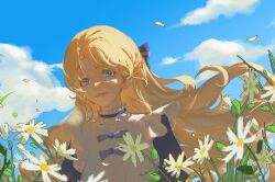 Rule 34 | 1girl, absurdres, aurore lee, blonde hair, blue eyes, blue ribbon, blue sky, choker, circle of inevitability, clear sky, cloud, flower, highres, lips, long hair, looking at viewer, lord of the mysteries, mriyak, outdoors, parted lips, ribbon, shaded face, shirt, sky, smile, solo, teeth, white shirt, wind