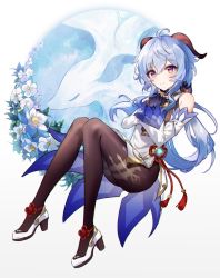 Rule 34 | 1girl, ahoge, blue flower, blue gloves, blue hair, brown pantyhose, chinese knot, flower, flower knot, full body, ganyu (genshin impact), genshin impact, glaze lily, gloves, gold trim, hands on own chest, harutoto, high heels, highres, horns, long hair, looking at viewer, low ponytail, orb, pantyhose, purple eyes, qilin (mythology), qingxin flower, sidelocks, silk flower (genshin impact), solo, tassel, thighlet, thighs, vision (genshin impact), waist cape, white background, white flower