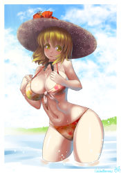 Rule 34 | 1girl, aki minoriko, bikini, blonde hair, blush, breasts, cleavage, floral print, front-tie top, hat, highres, large breasts, long hair, navel, open mouth, partially submerged, short hair, smile, solo, swimsuit, touhou, umigarasu (kitsune1963), wading, water