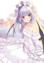 Rule 34 | 1girl, :|, alternate costume, bat wings, bead necklace, beads, beni kurage, black choker, blurry, blurry background, blush, bow, breasts, bridal veil, choker, cleavage, closed mouth, collarbone, commentary request, depth of field, dress, dress bow, fingernails, frilled hairband, frilled sleeves, frills, hairband, highres, jewelry, light purple hair, light smile, lock, long sleeves, looking at viewer, necklace, open mouth, parted lips, plant, pointy ears, red eyes, remilia scarlet, short hair, sidelocks, sitting, sleeves past wrists, small breasts, solo, touhou, veil, wedding dress, white bow, white dress, wings